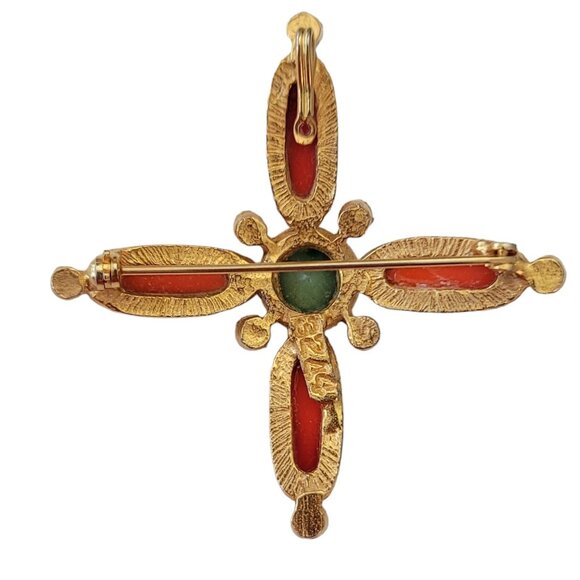Gold Tone Orange Bezel Set, Green Mottled Cab Maltese Cross Brooch Pendant E782 - Picture 7 of 10